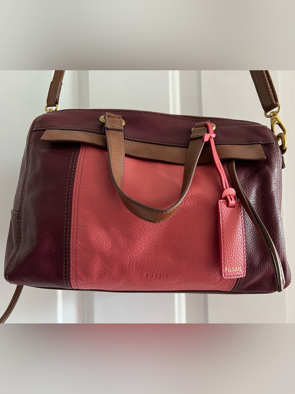 Fossil Pink and Brown and burgundy Leather Shoulder Bag